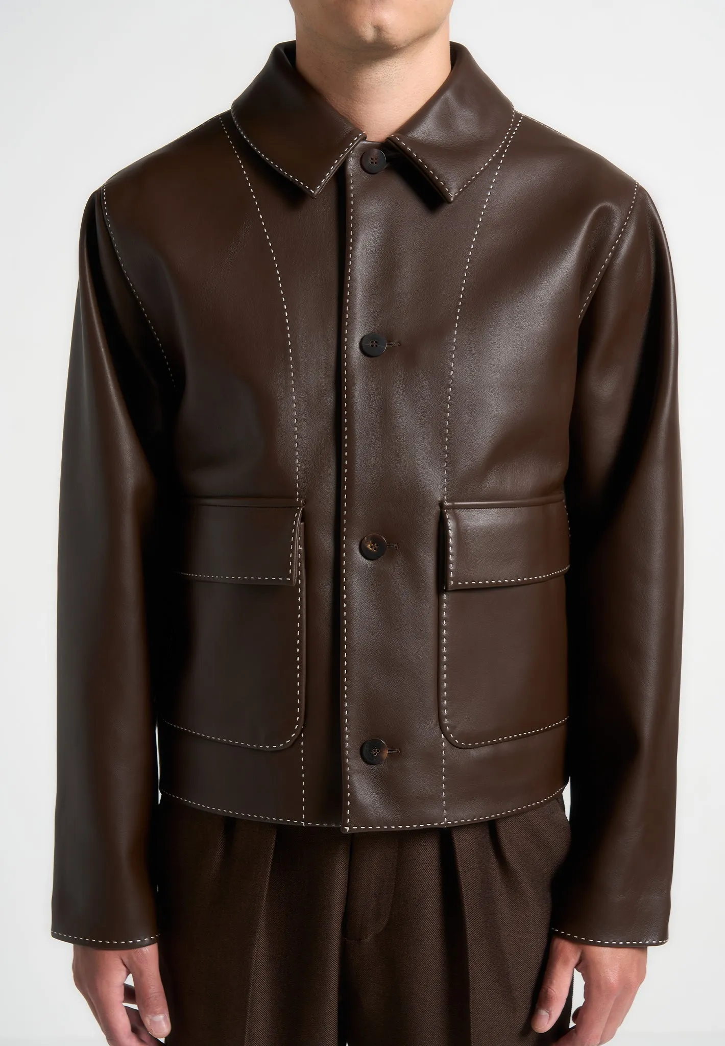 Leather Contrast Stitch Jacket - Brown sold by Maniere De Voir product image thumbnail 5