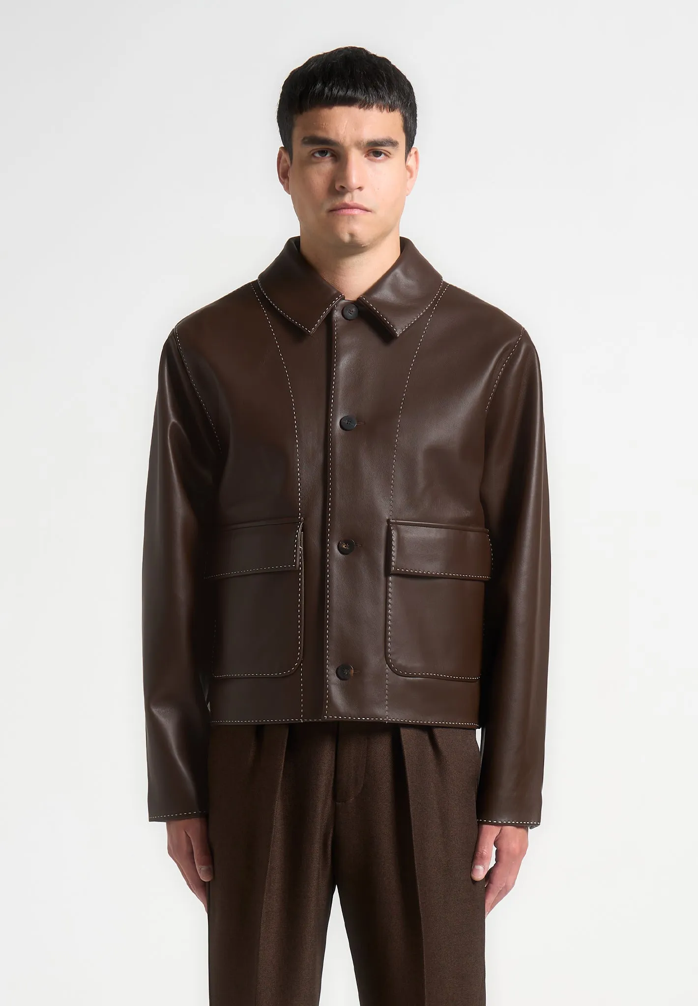 Leather Contrast Stitch Jacket - Brown sold by Maniere De Voir