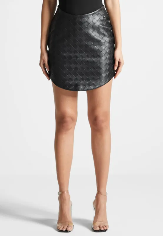 Woven Leather Dipped Waist Mini Skirt - Black sold by Maniere De Voir