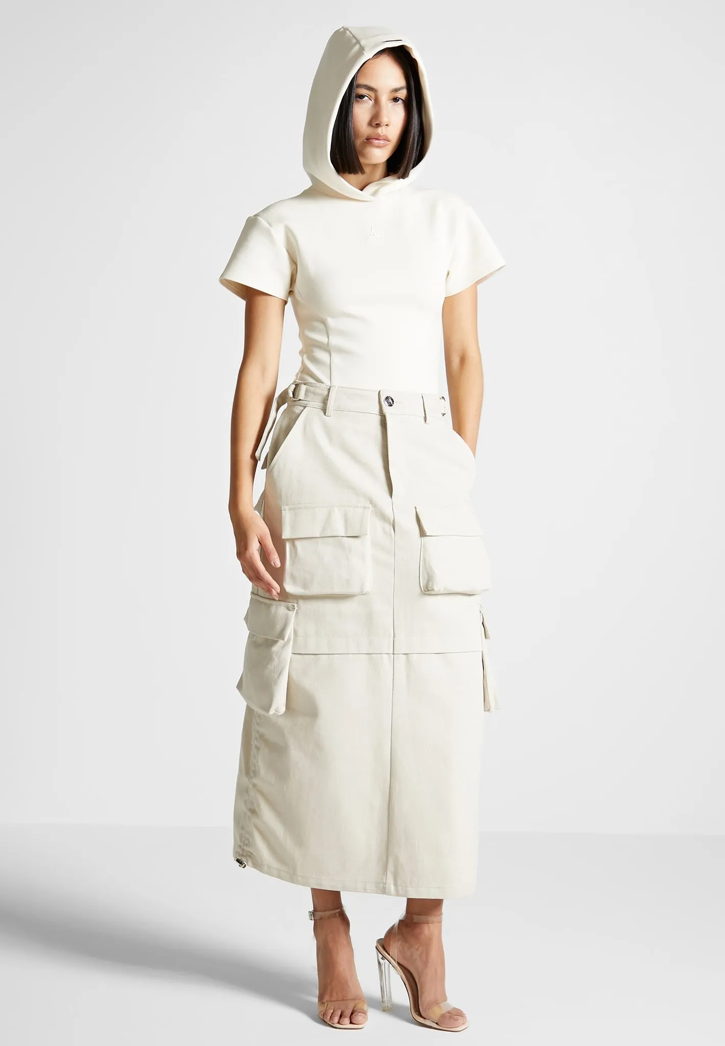 Short Sleeve Bodysuit with Hood - Beige sold by Maniere De Voir product image thumbnail 3