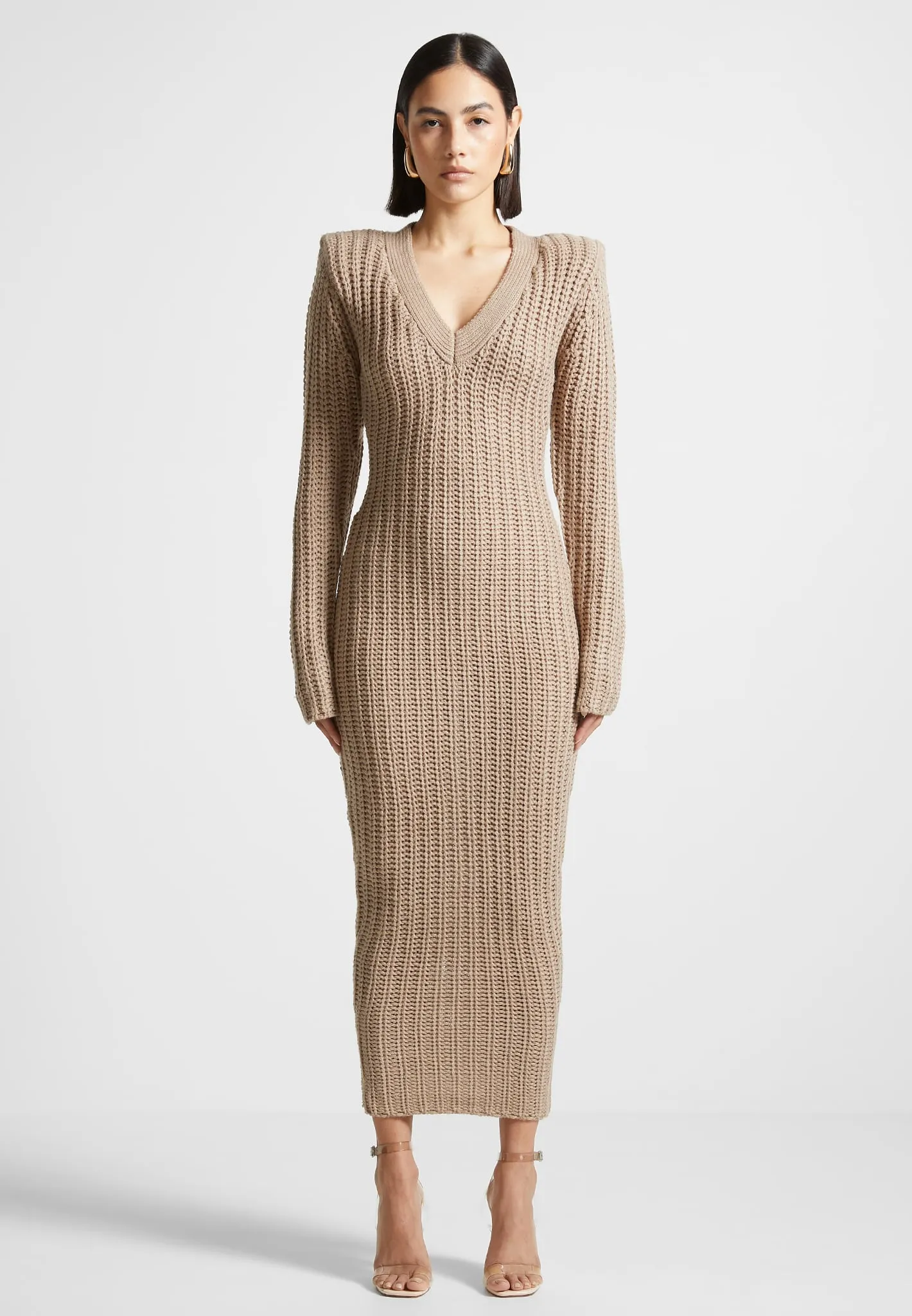 Wide Shoulder Knitted Midaxi Dress - Taupe sold by Maniere De Voir product image thumbnail 2