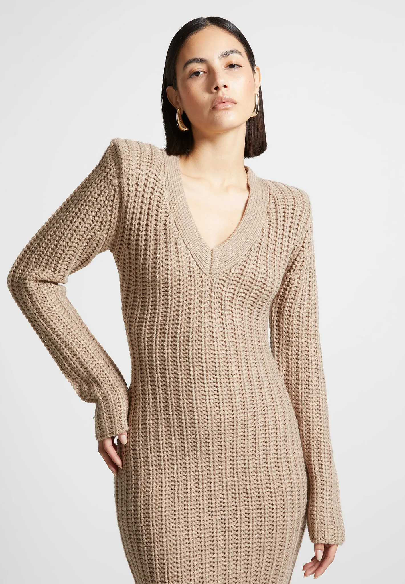 Wide Shoulder Knitted Midaxi Dress - Taupe sold by Maniere De Voir product image thumbnail 4