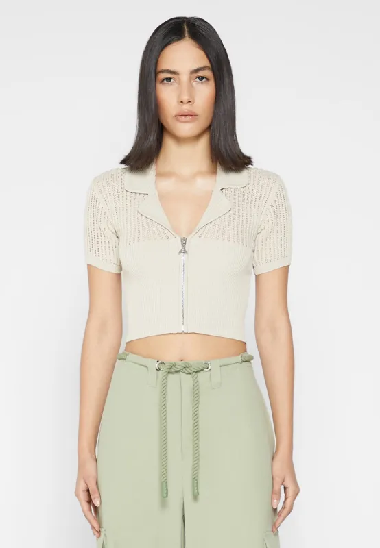 Zip Front Knitted Crop Top - Beige sold by Maniere De Voir