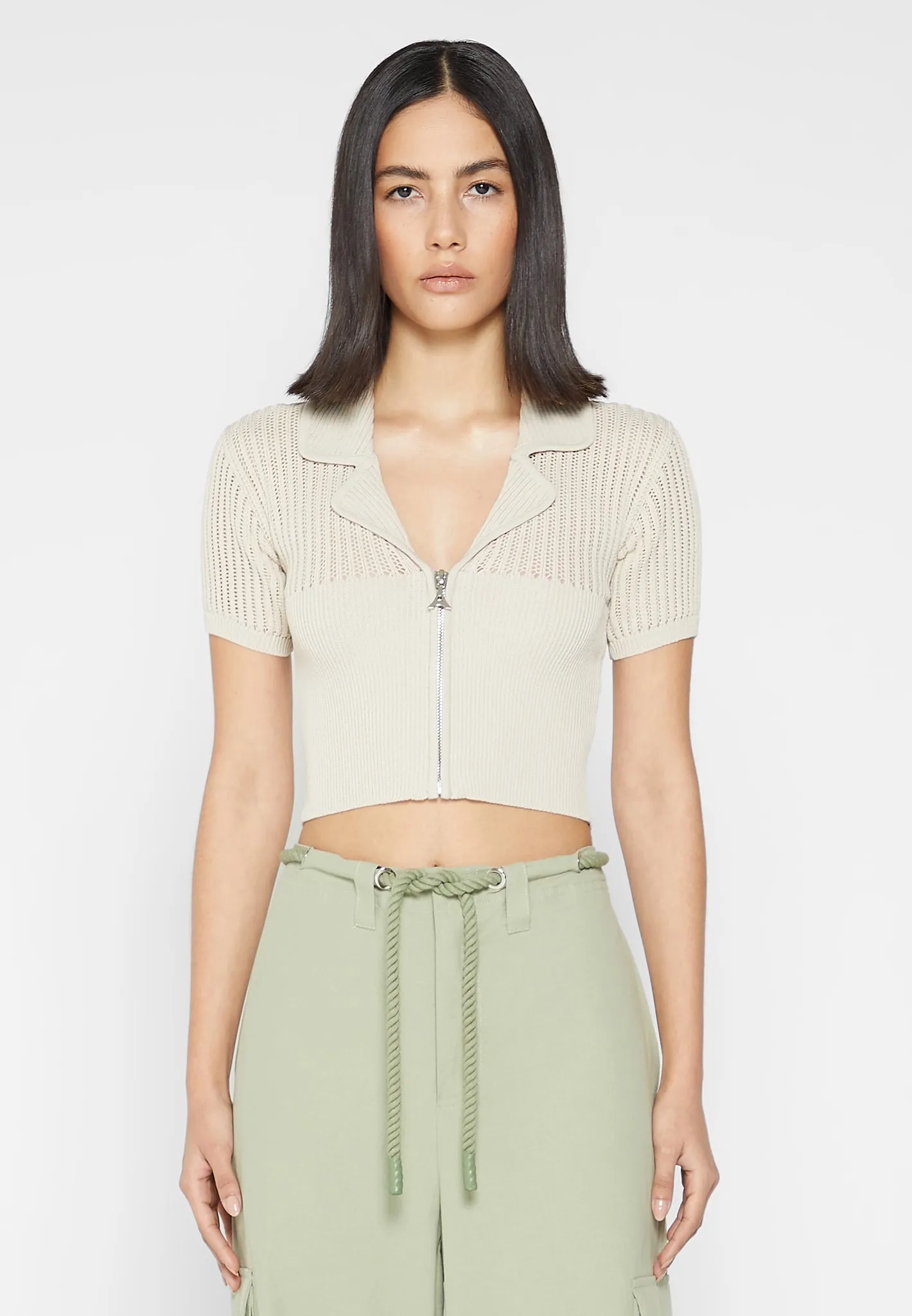 Zip Front Knitted Crop Top - Beige sold by Maniere De Voir