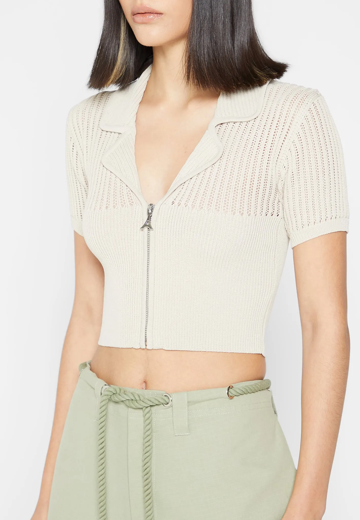 Zip Front Knitted Crop Top - Beige sold by Maniere De Voir product image thumbnail 5