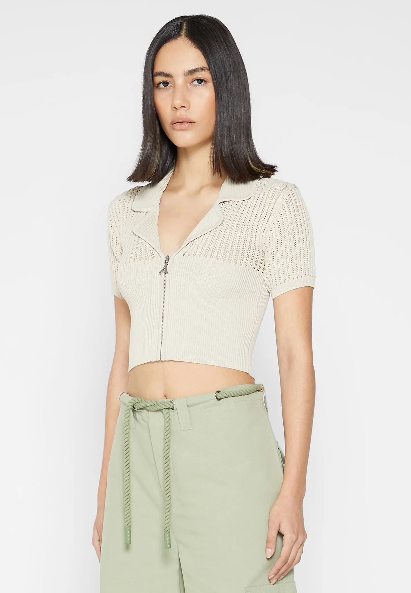 Zip Front Knitted Crop Top - Beige sold by Maniere De Voir product image thumbnail 3