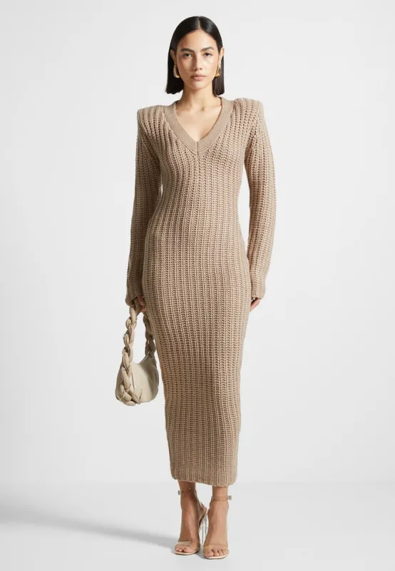 Wide Shoulder Knitted Midaxi Dress - Taupe sold by Maniere De Voir