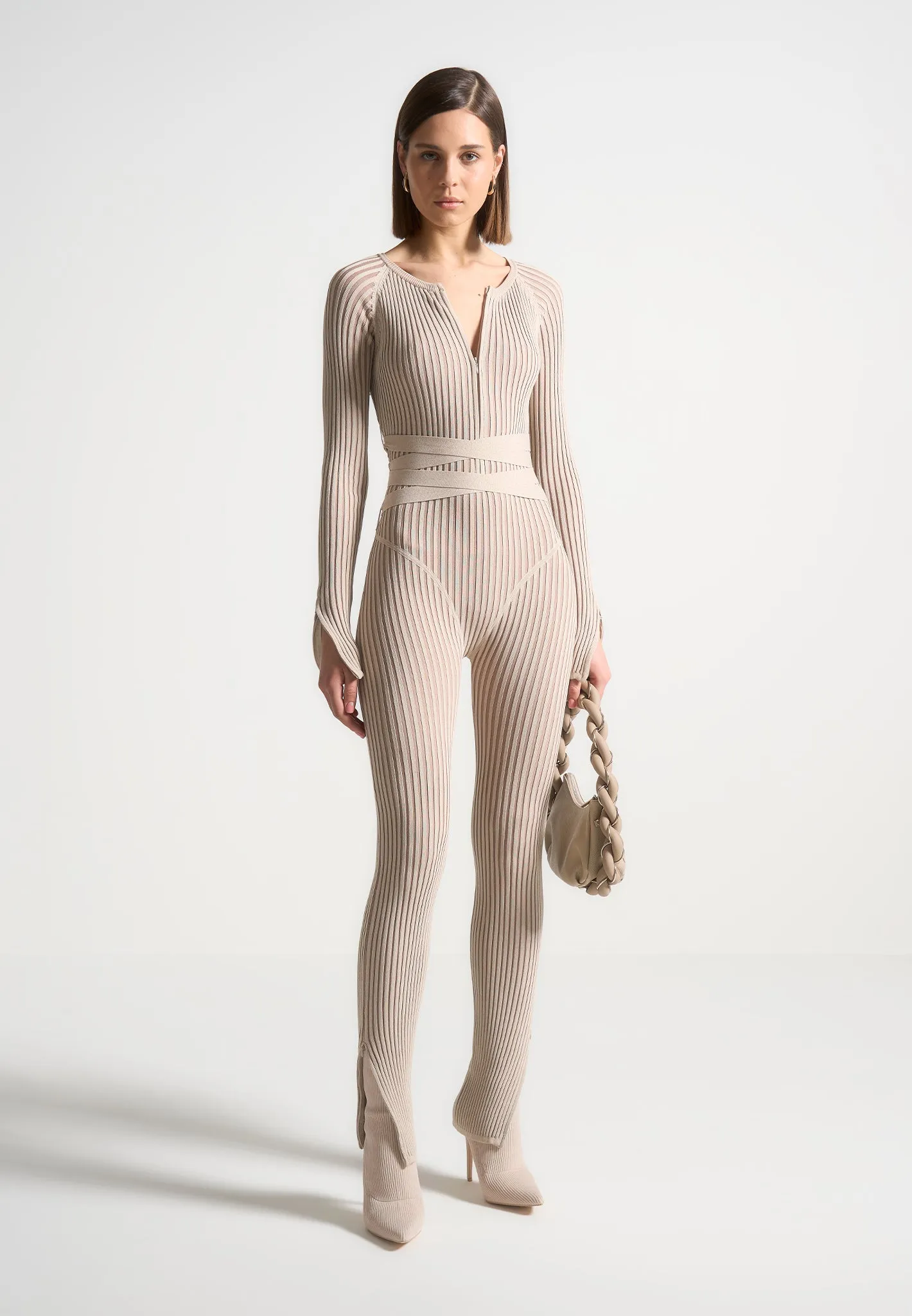 Knitted Two Tone Jumpsuit with Belt - Beige/Taupe sold by Maniere De Voir