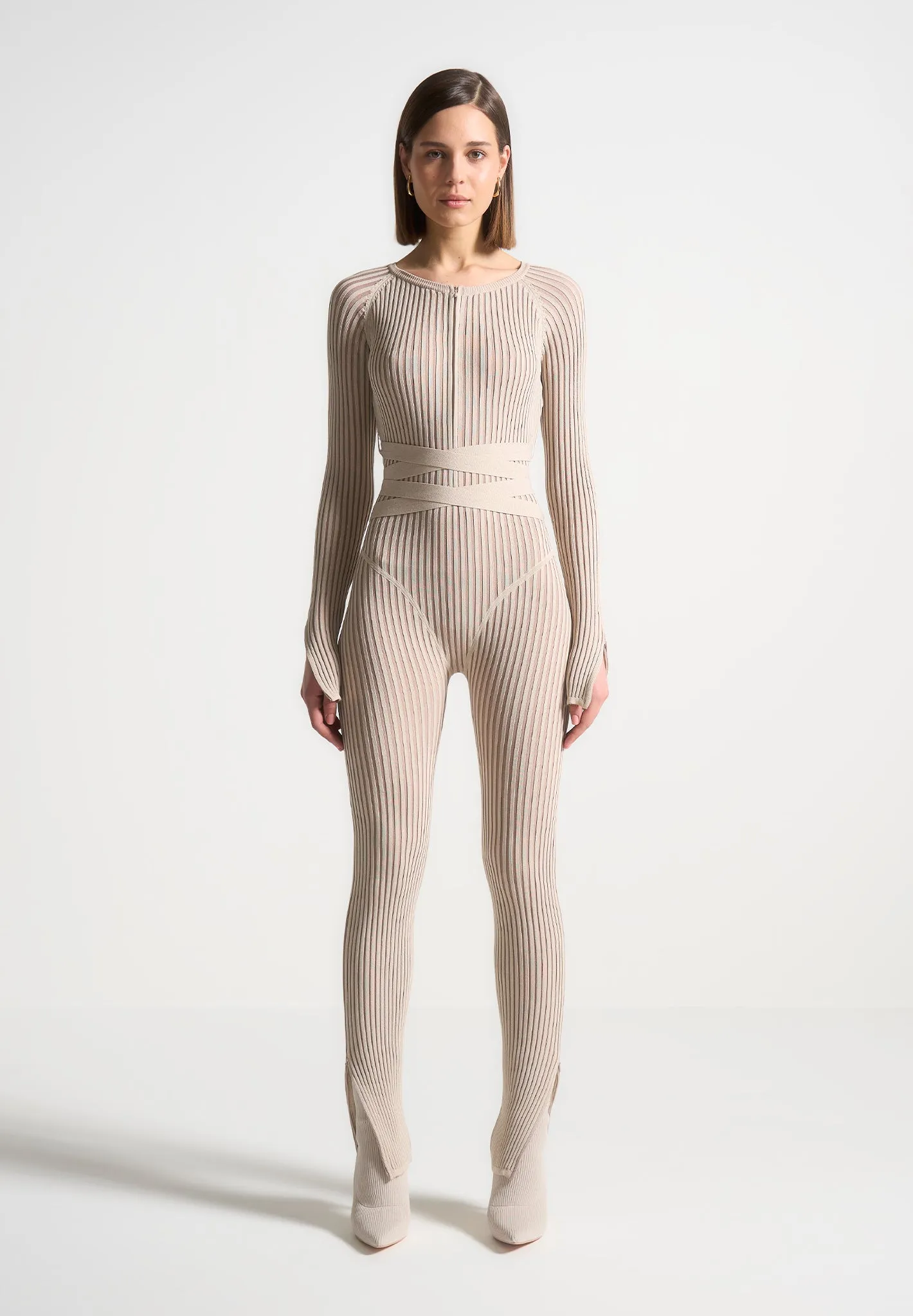 Knitted Two Tone Jumpsuit with Belt - Beige/Taupe sold by Maniere De Voir product image thumbnail 3