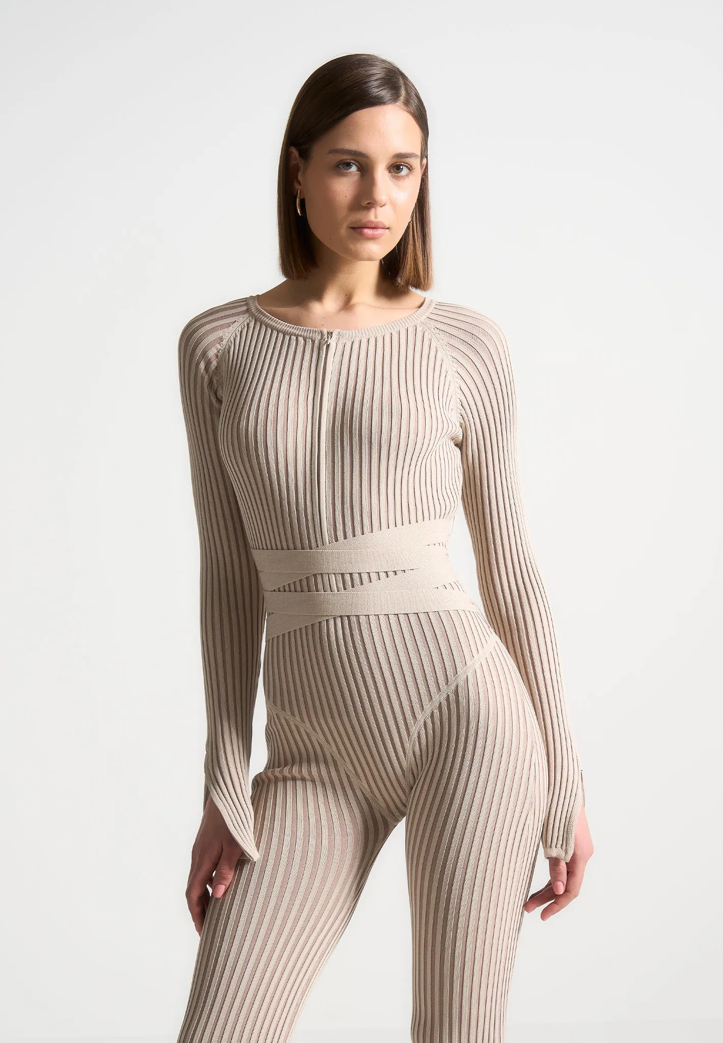 Knitted Two Tone Jumpsuit with Belt - Beige/Taupe sold by Maniere De Voir product image thumbnail 2