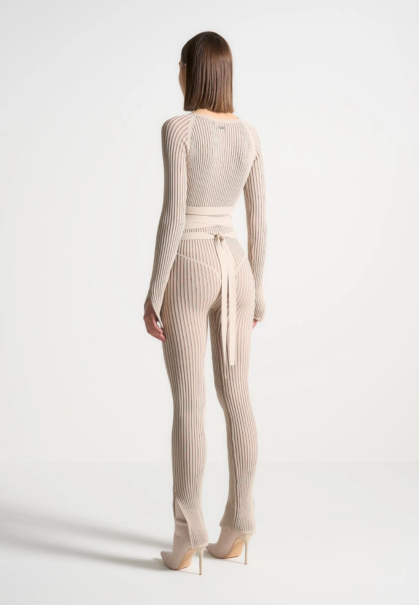 Knitted Two Tone Jumpsuit with Belt - Beige/Taupe sold by Maniere De Voir product image thumbnail 4