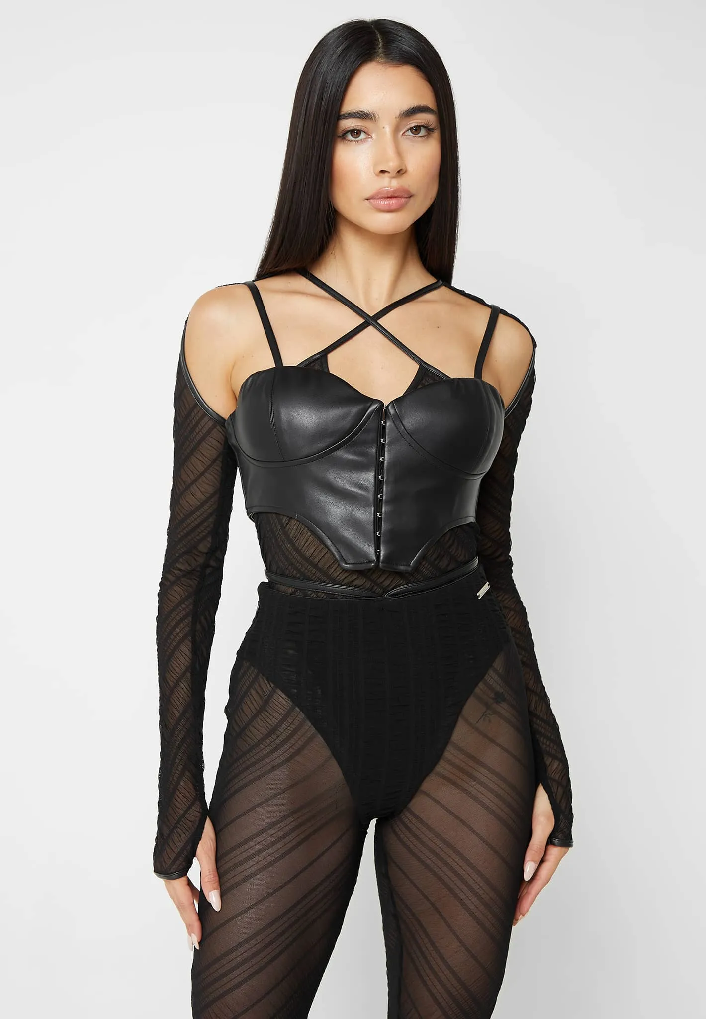 Sheer Bodysuit with Leather Corset - Black sold by Maniere De Voir product image thumbnail 5