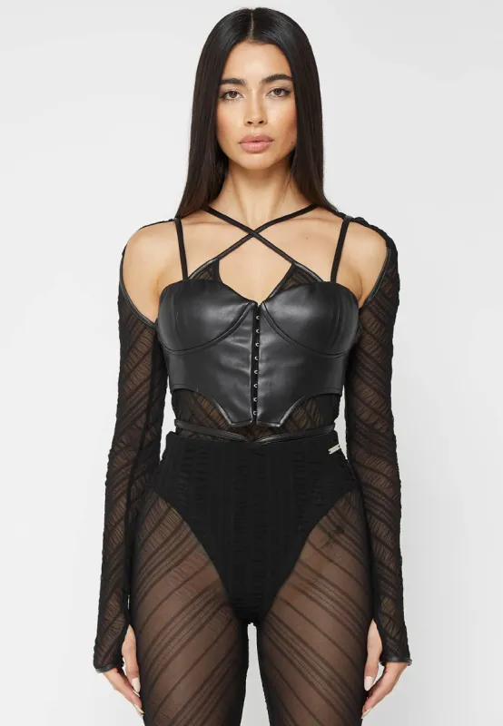 Sheer Bodysuit with Leather Corset - Black sold by Maniere De Voir