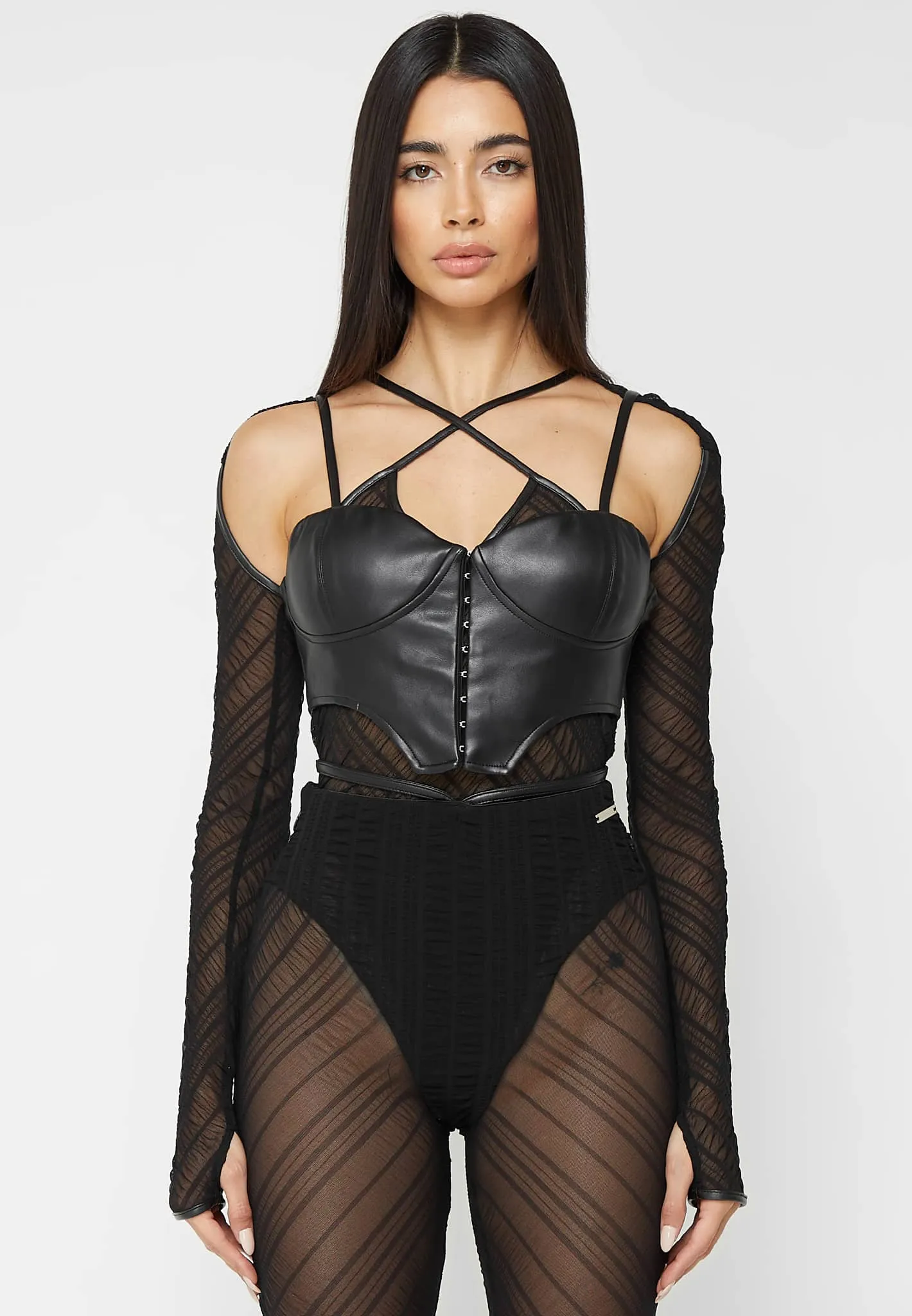 Sheer Bodysuit with Leather Corset - Black sold by Maniere De Voir