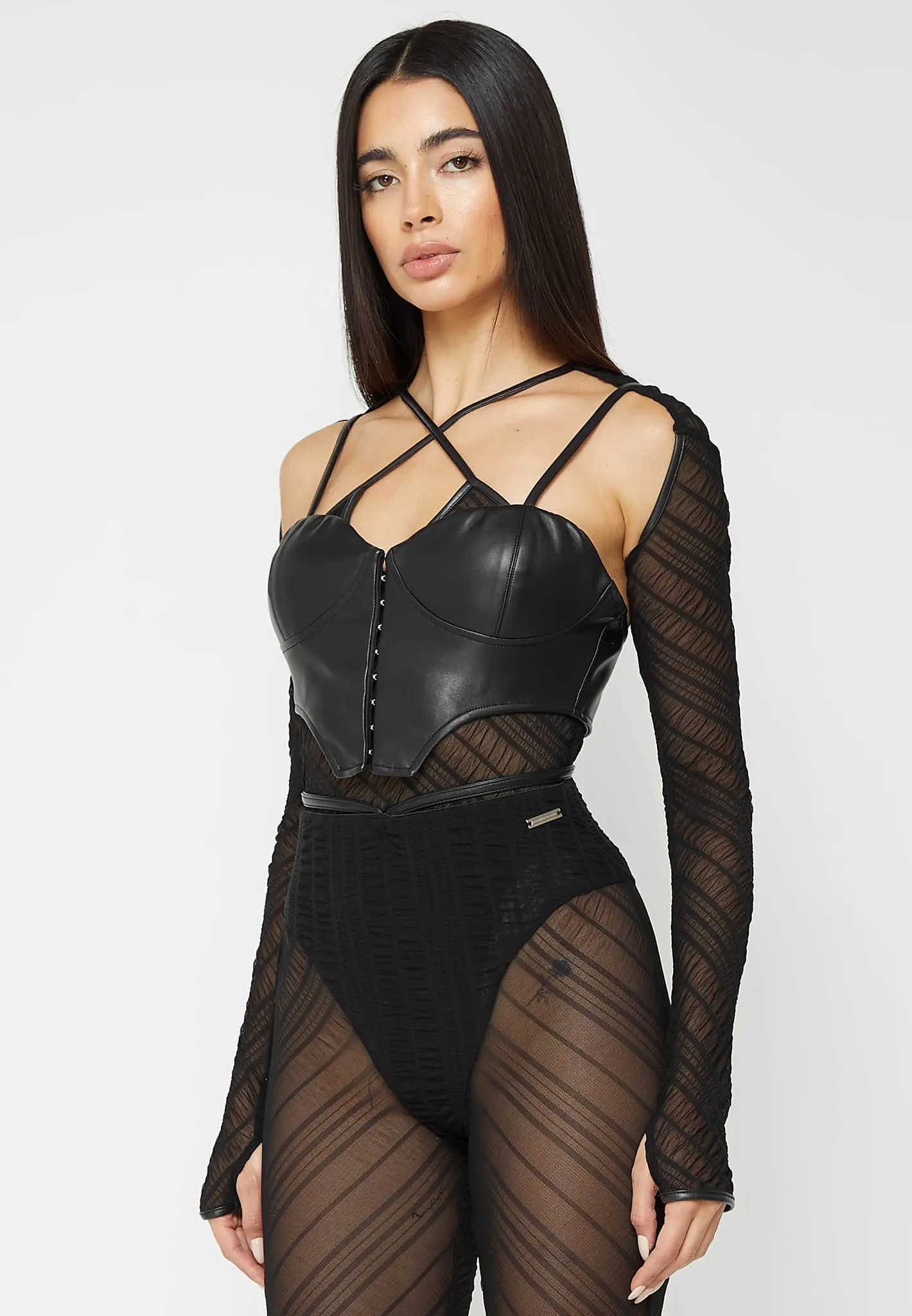 Sheer Bodysuit with Leather Corset - Black sold by Maniere De Voir product image thumbnail 3
