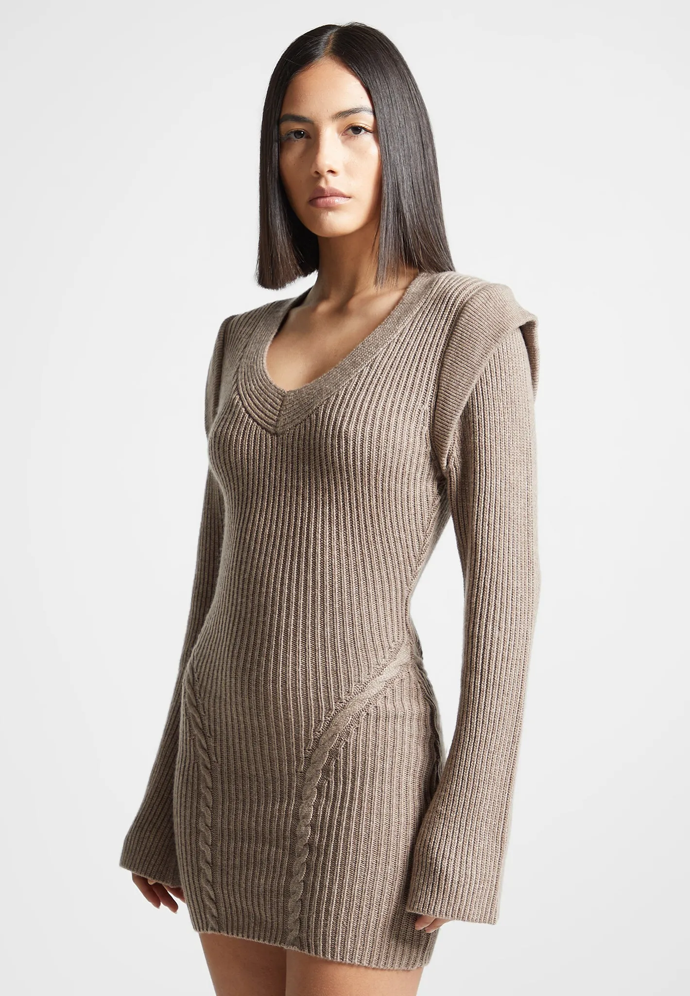 Wide Shoulder Knitted Contour Mini Dress - Taupe sold by Maniere De Voir
