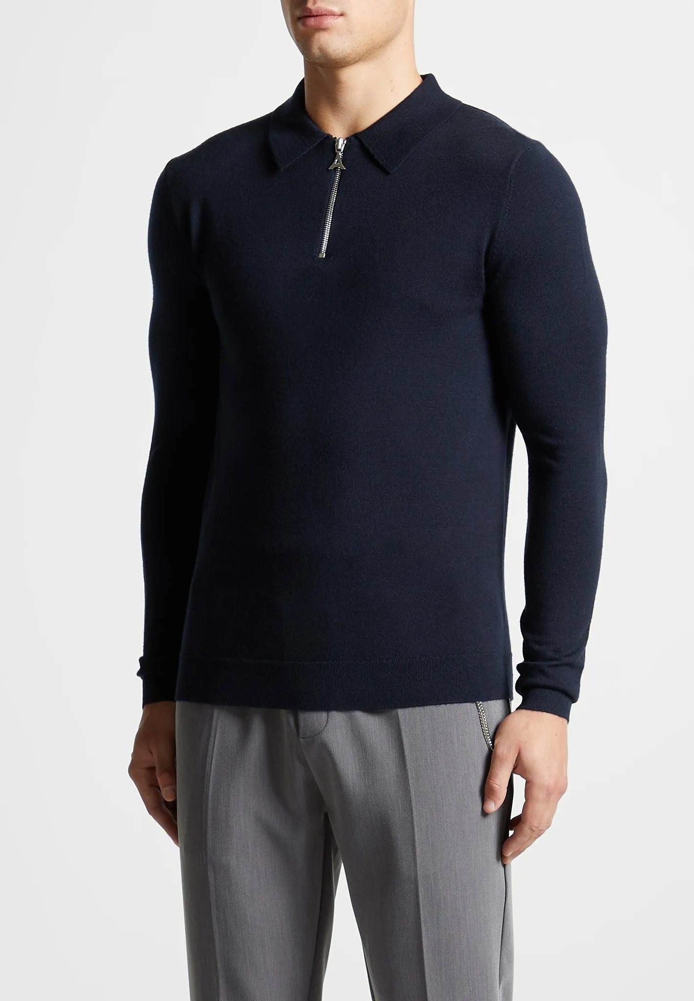 Merino Wool Long Sleeve Polo Top With Zip - Navy sold by Maniere De Voir