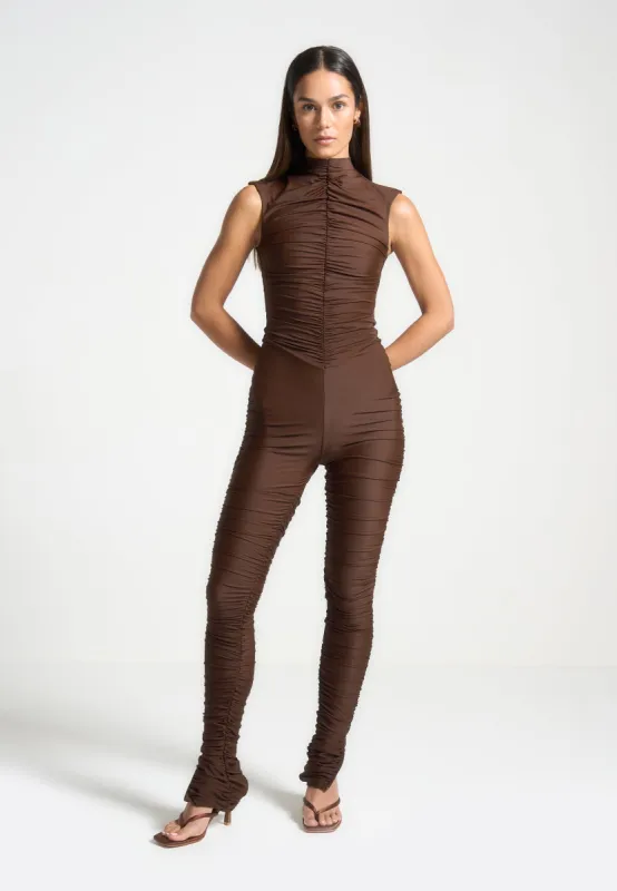 Cap Sleeve Ruched Jumpsuit - Brown sold by Maniere De Voir
