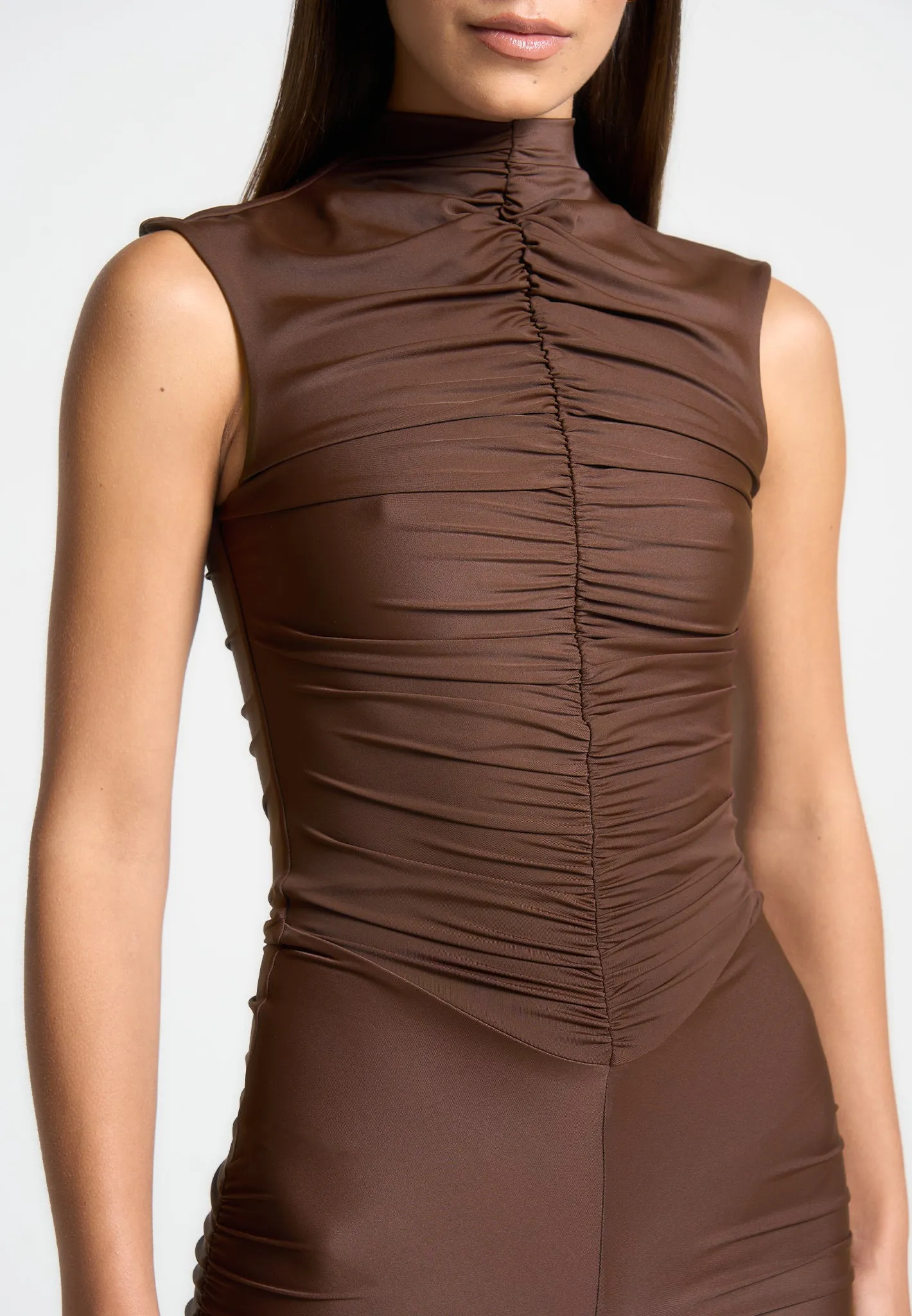 Cap Sleeve Ruched Jumpsuit - Brown sold by Maniere De Voir product image thumbnail 4