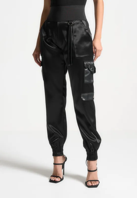 High Waisted Satin Cargo Trousers - Black sold by Maniere De Voir