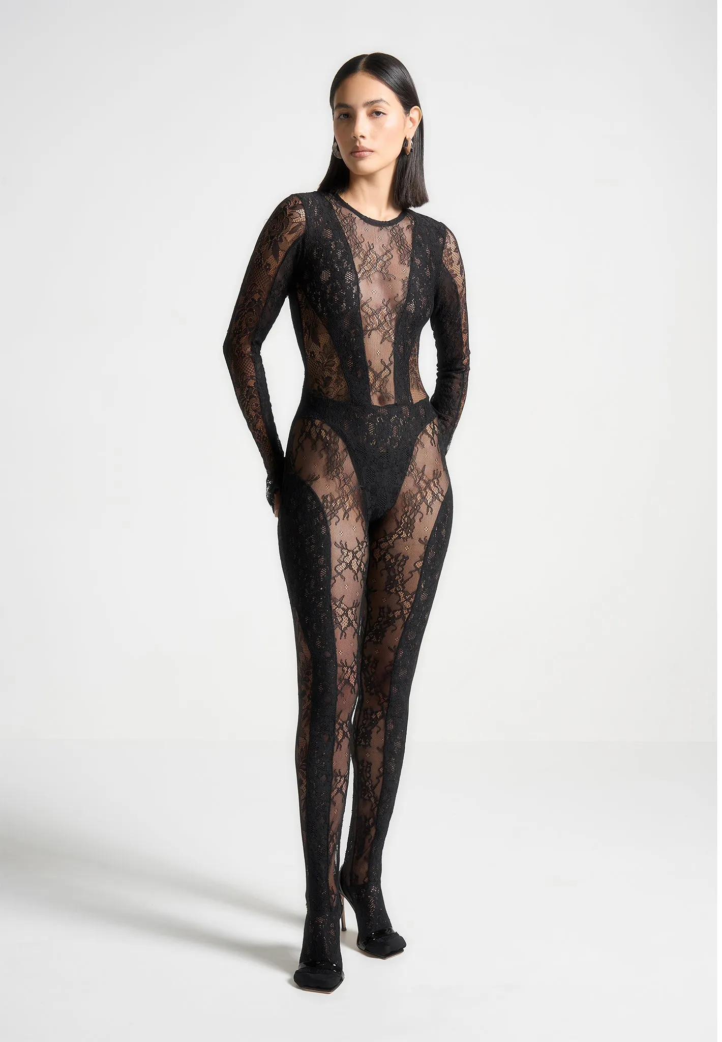 Lace Backless Footsie Jumpsuit with Pearl Detail - Black sold by Maniere De Voir product image thumbnail 4