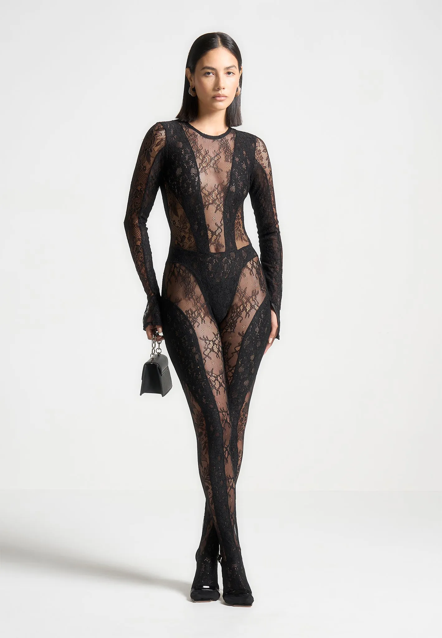 Lace Backless Footsie Jumpsuit with Pearl Detail - Black sold by Maniere De Voir