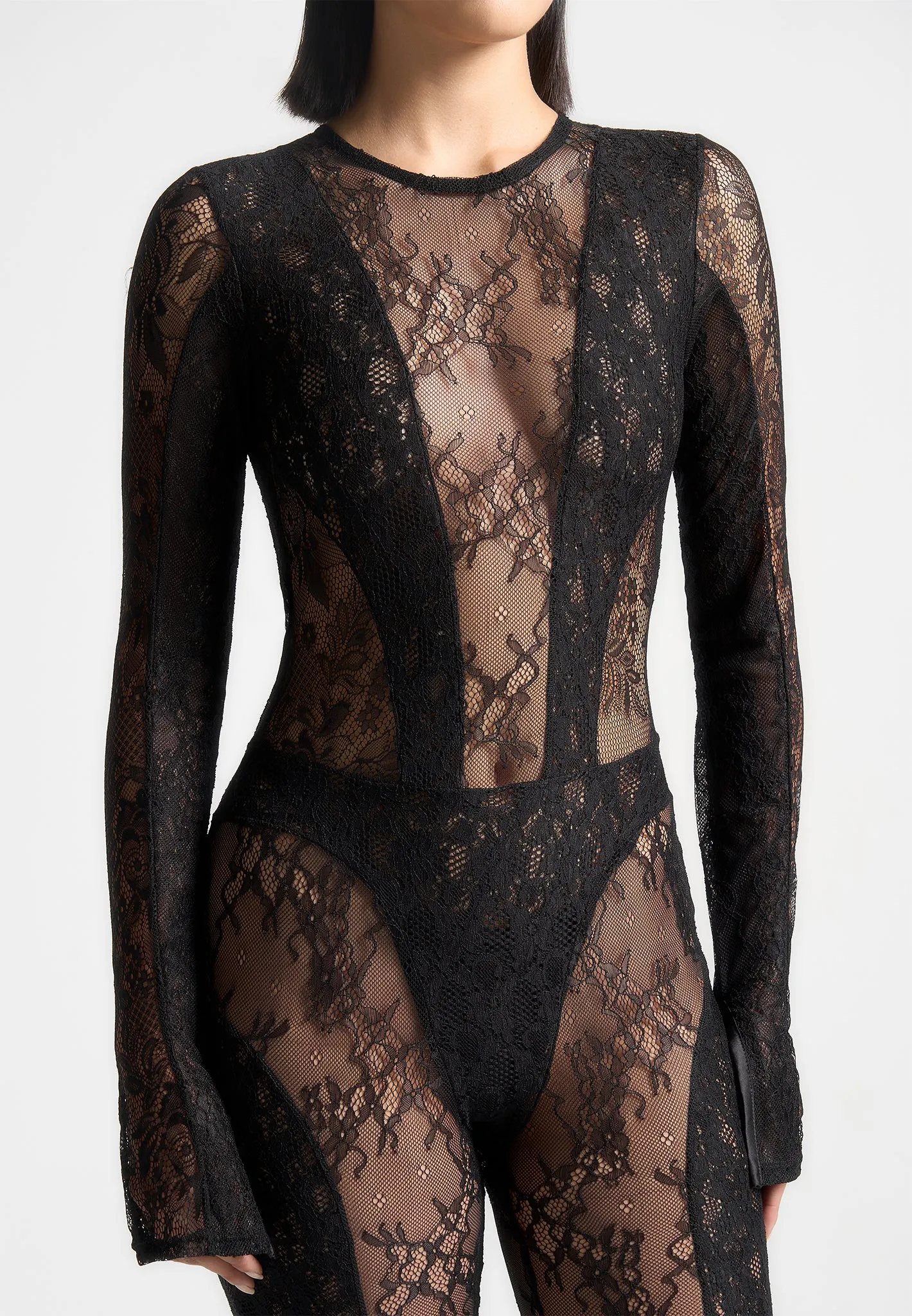 Lace Backless Footsie Jumpsuit with Pearl Detail - Black sold by Maniere De Voir product image thumbnail 3