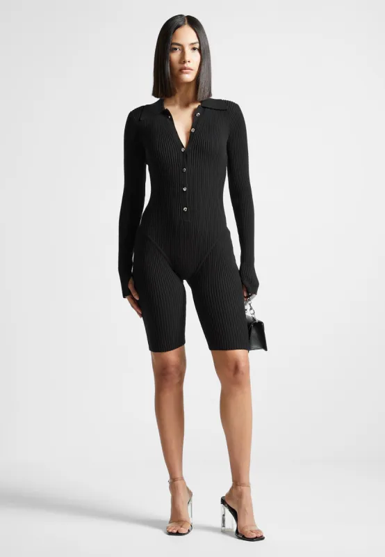 Ribbed Knit Long Sleeve Playsuit - Black sold by Maniere De Voir