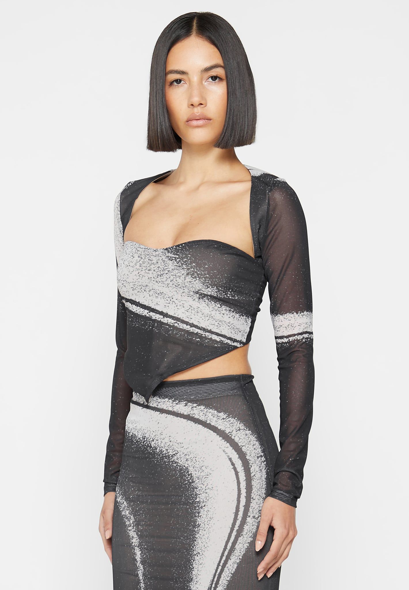 Mesh Printed Top with Sleeve Overlay - Black sold by Maniere De Voir product image thumbnail 5