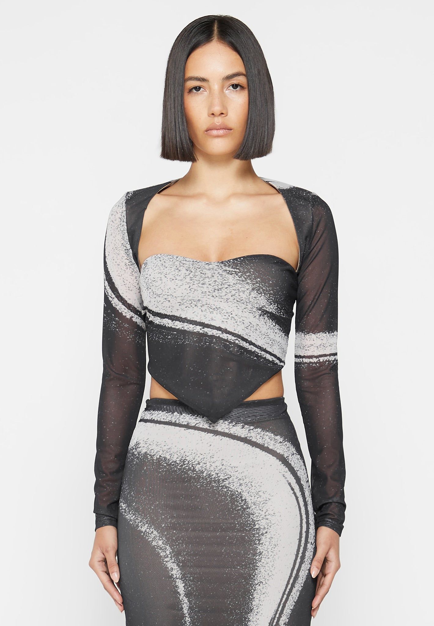 Mesh Printed Top with Sleeve Overlay - Black sold by Maniere De Voir product image thumbnail 4
