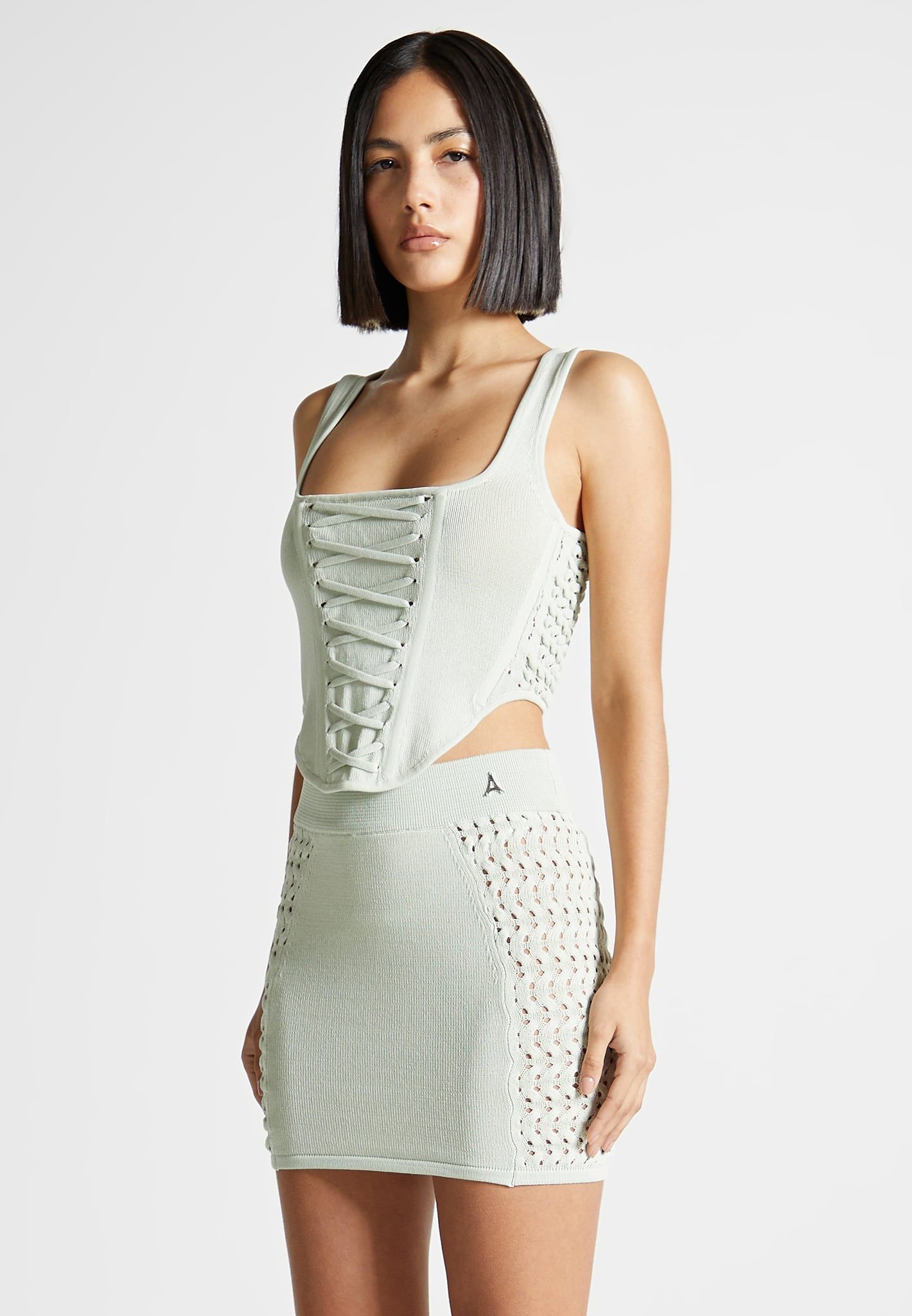 Knitted Lace Up Corset Top - Sage Green sold by Maniere De Voir product image thumbnail 4