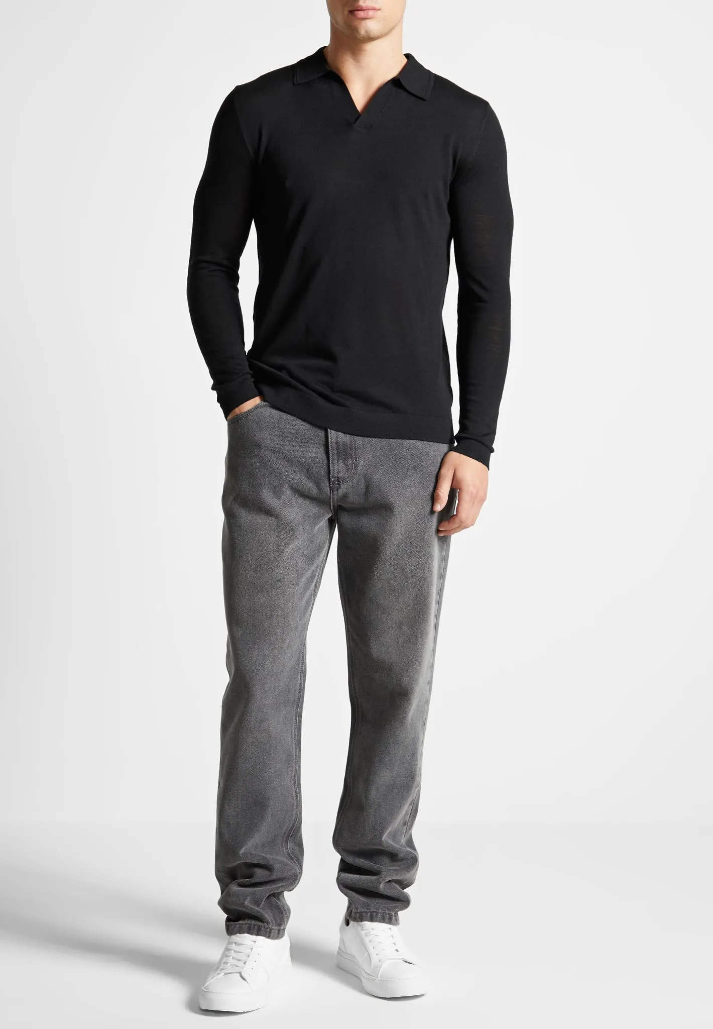 Merino Wool Long Sleeve Revere Polo Shirt - Black sold by Maniere De Voir