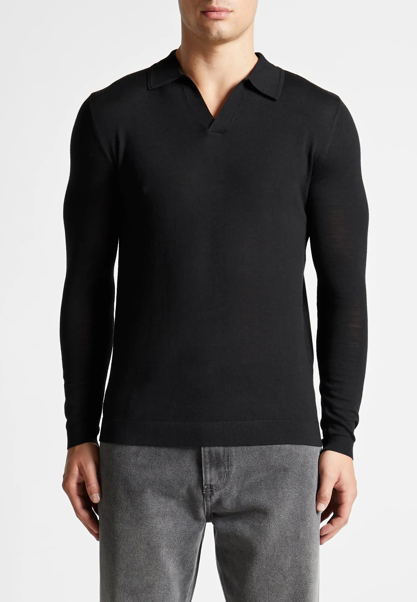 Merino Wool Long Sleeve Revere Polo Shirt - Black sold by Maniere De Voir product image thumbnail 3