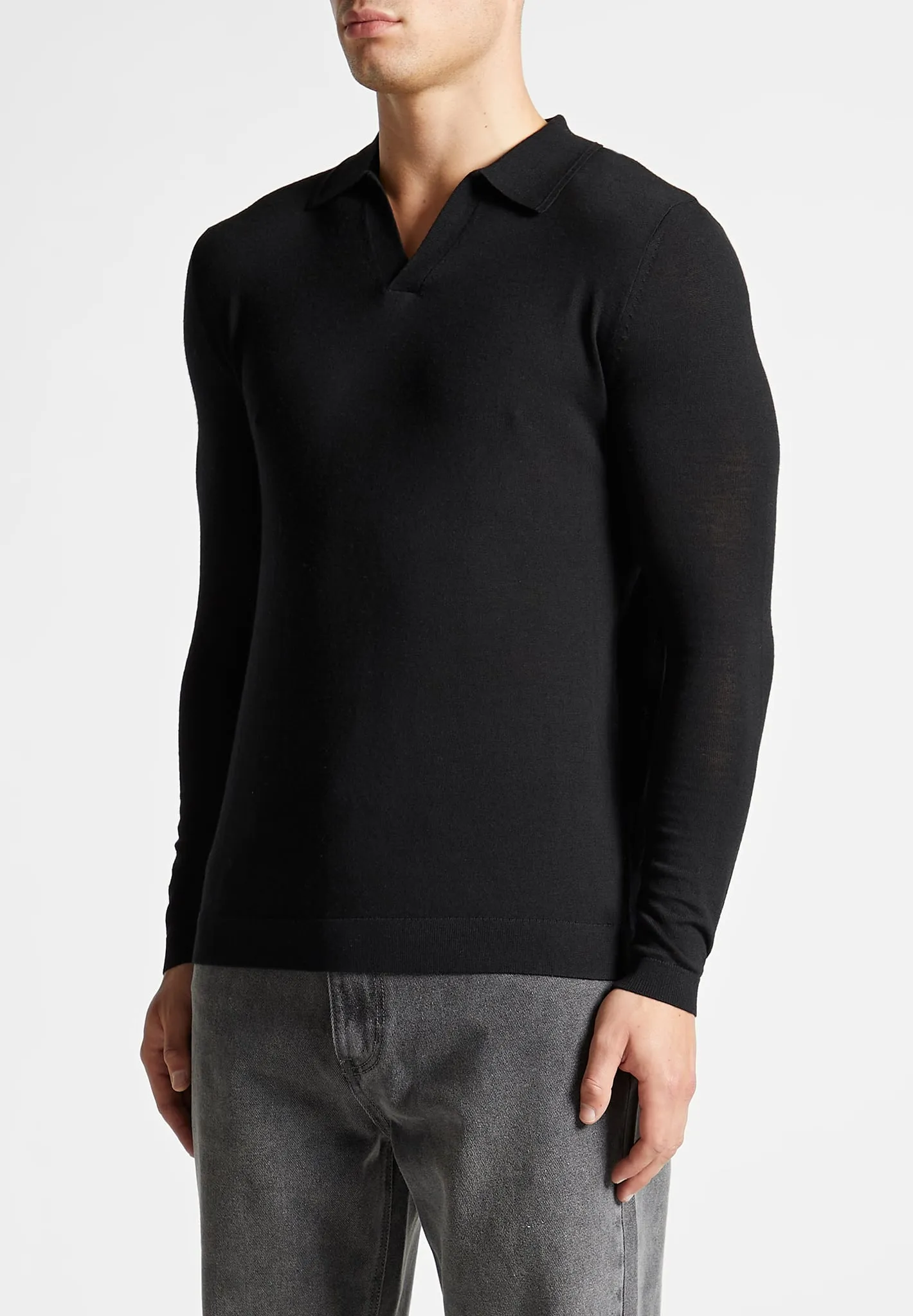 Merino Wool Long Sleeve Revere Polo Shirt - Black sold by Maniere De Voir product image thumbnail 4