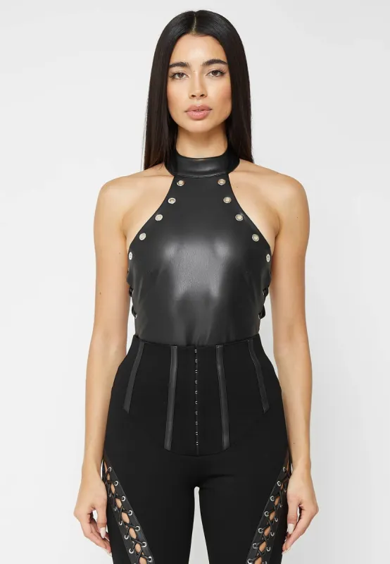 Leather Lace Up Halterneck Bodysuit - Black sold by Maniere De Voir