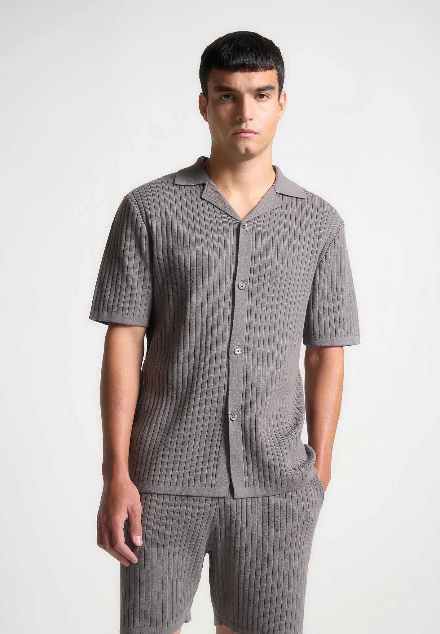 Ribbed Knit Revere Shirt - Grey sold by Maniere De Voir