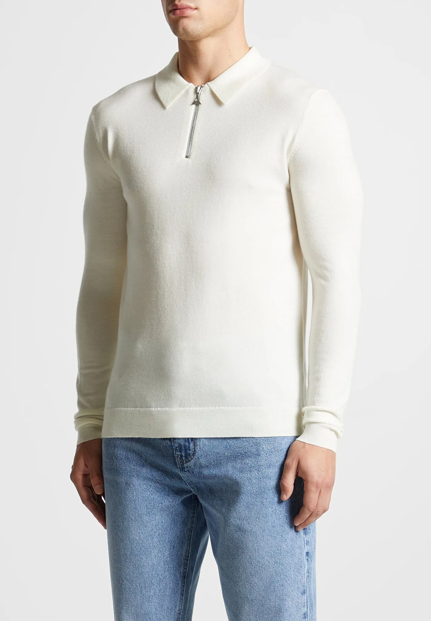 Merino Wool Long Sleeve Polo Top With Zip - Off White sold by Maniere De Voir product image thumbnail 4