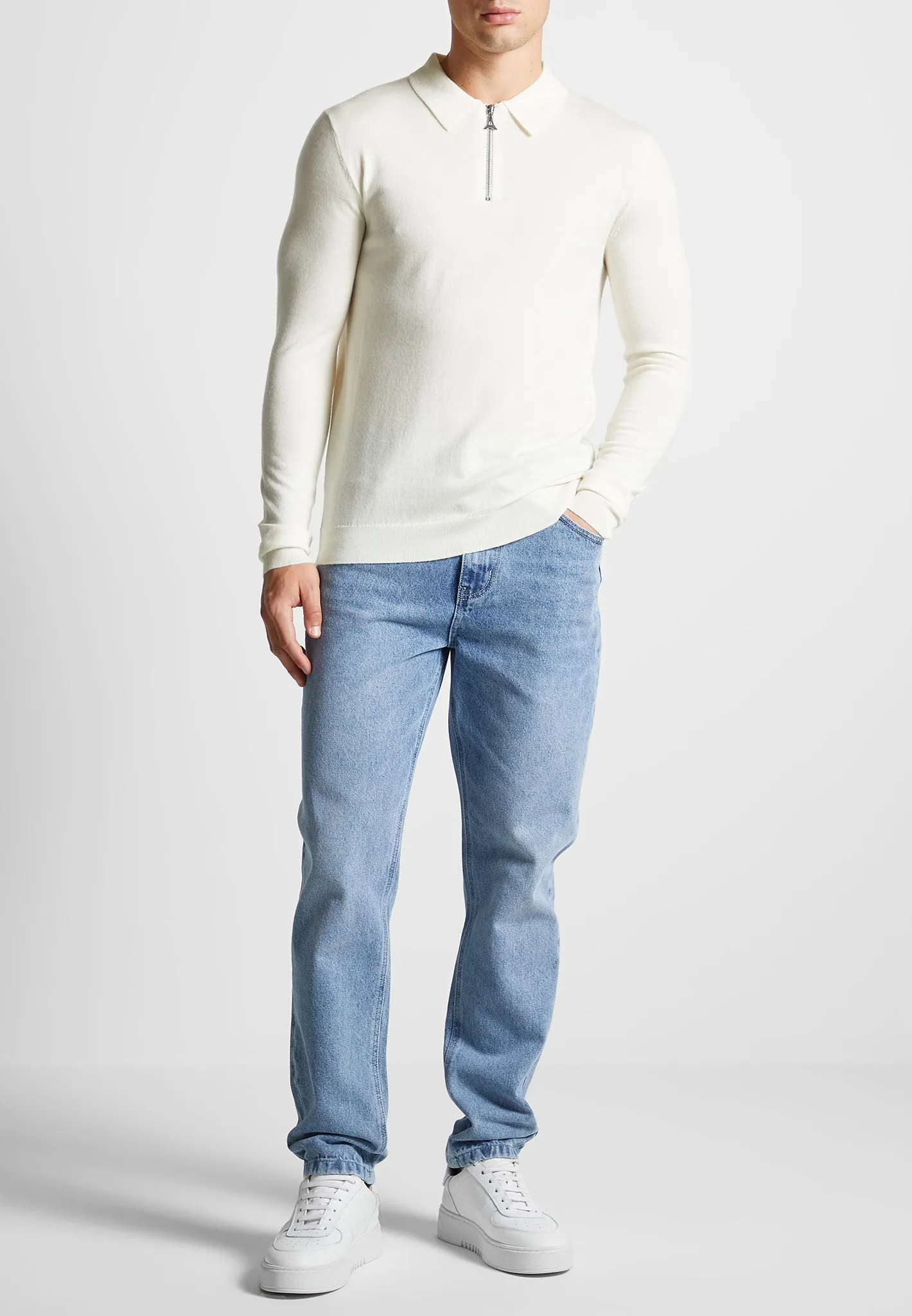 Merino Wool Long Sleeve Polo Top With Zip - Off White sold by Maniere De Voir