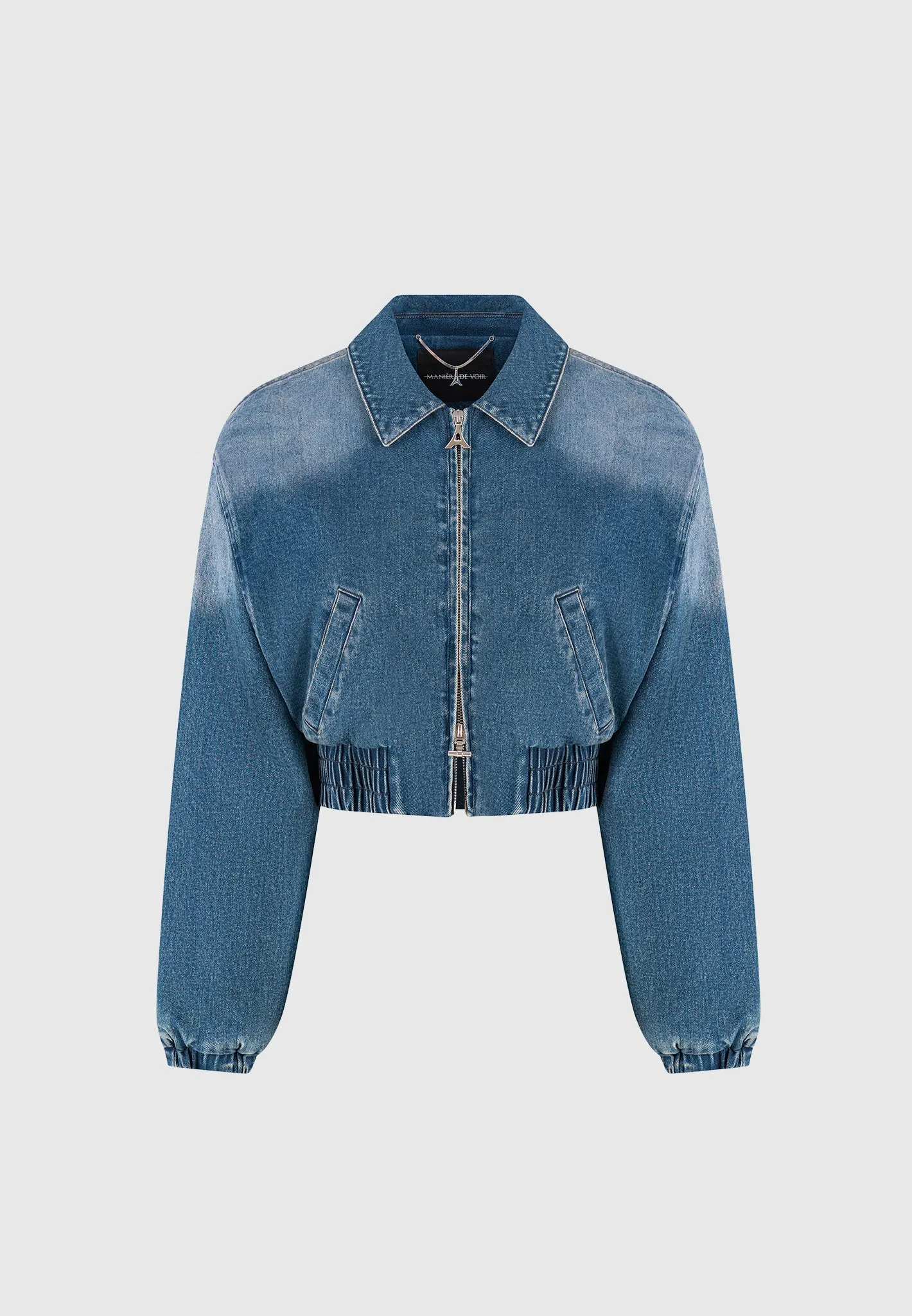 Padded Cropped Denim Bomber Jacket - Mid Blue sold by Maniere De Voir product image thumbnail 5