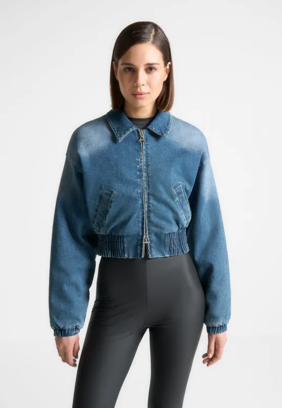 Padded Cropped Denim Bomber Jacket - Mid Blue sold by Maniere De Voir