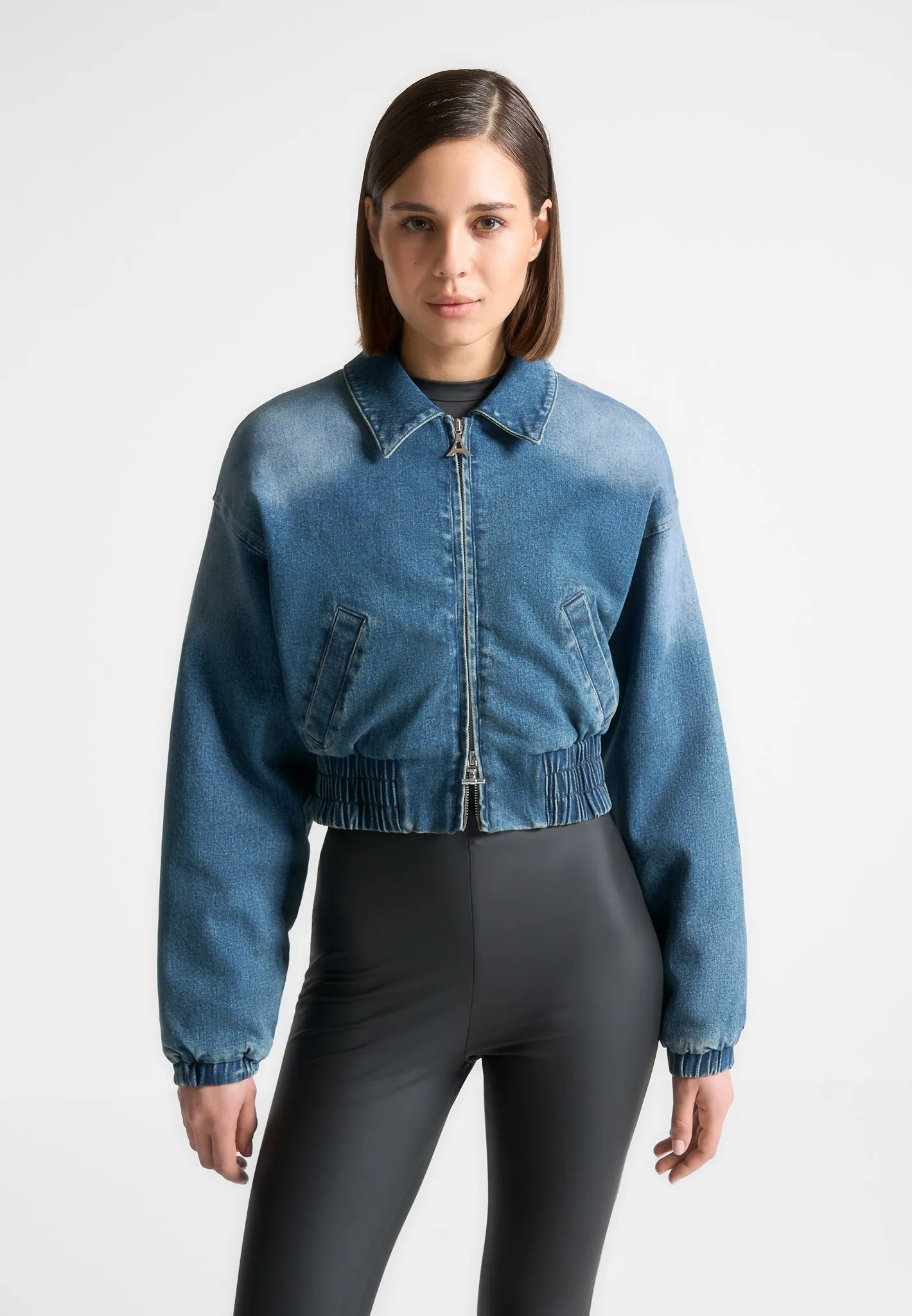 Padded Cropped Denim Bomber Jacket - Mid Blue sold by Maniere De Voir