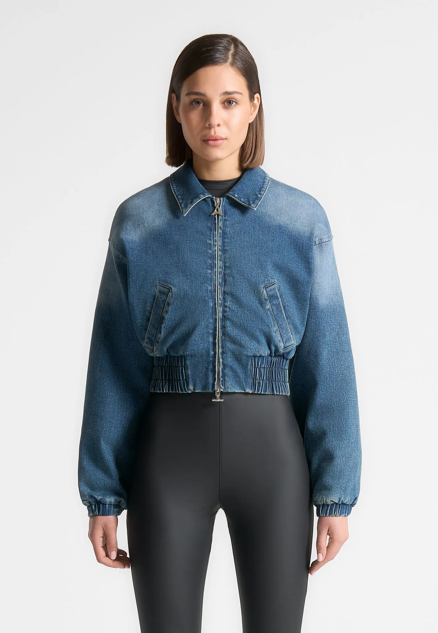 Padded Cropped Denim Bomber Jacket - Mid Blue sold by Maniere De Voir product image thumbnail 3