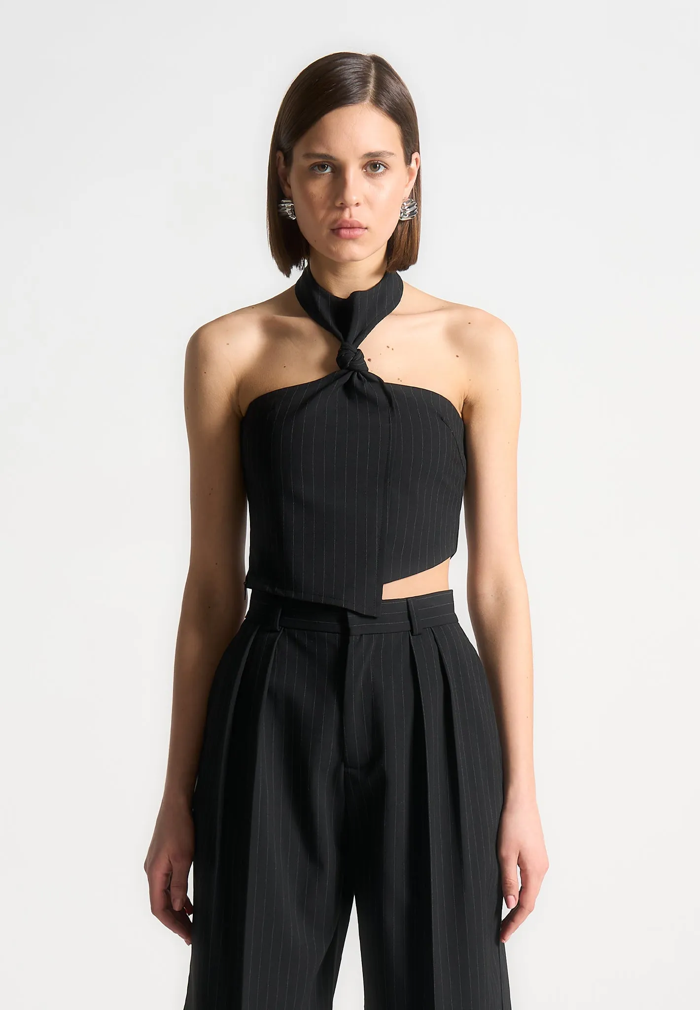 Pinstripe Tie Knot Halter Top - Black sold by Maniere De Voir