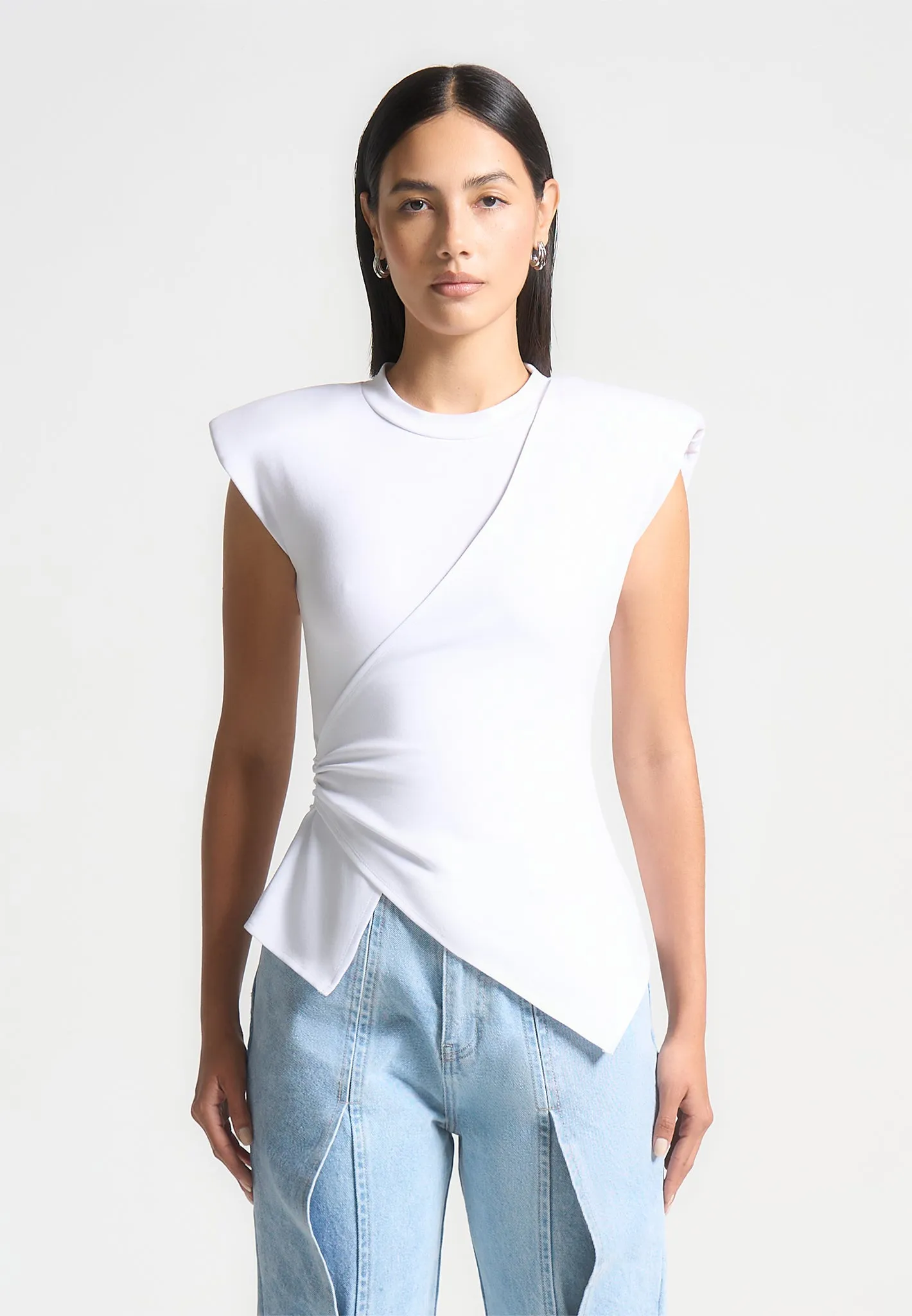 Wide Shoulder Ruched Waist Top - White sold by Maniere De Voir product image thumbnail 4