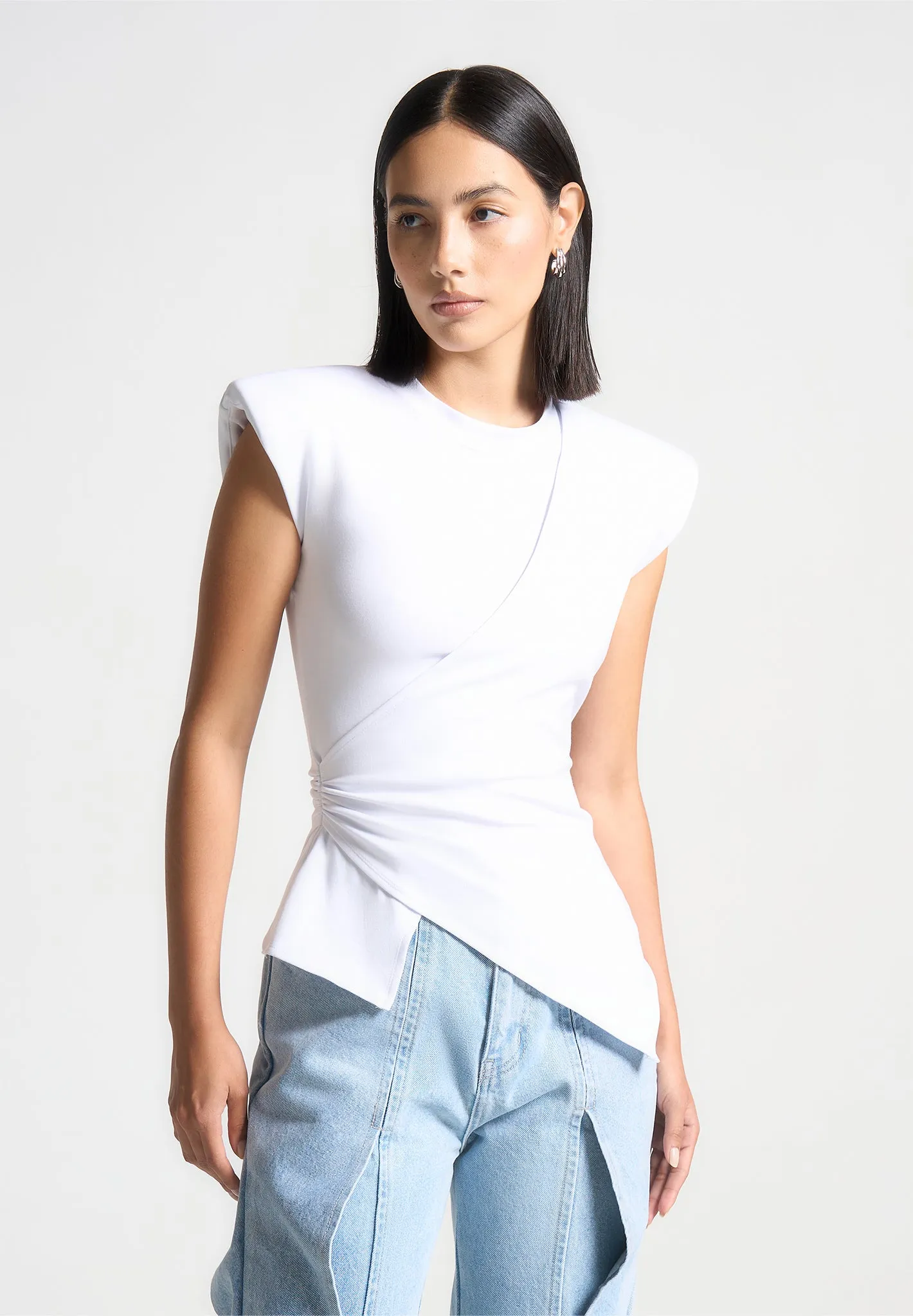 Wide Shoulder Ruched Waist Top - White sold by Maniere De Voir