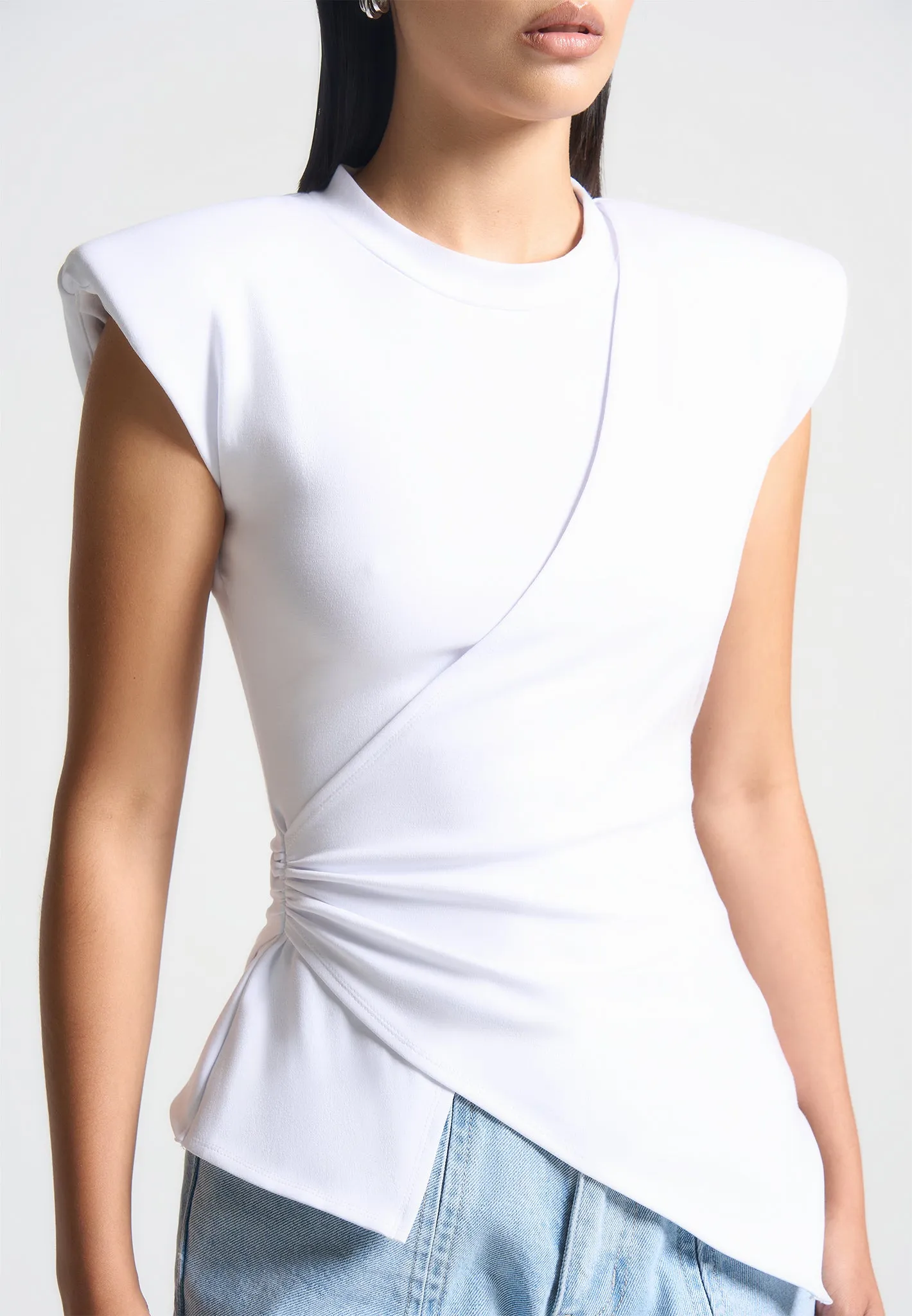 Wide Shoulder Ruched Waist Top - White sold by Maniere De Voir product image thumbnail 5