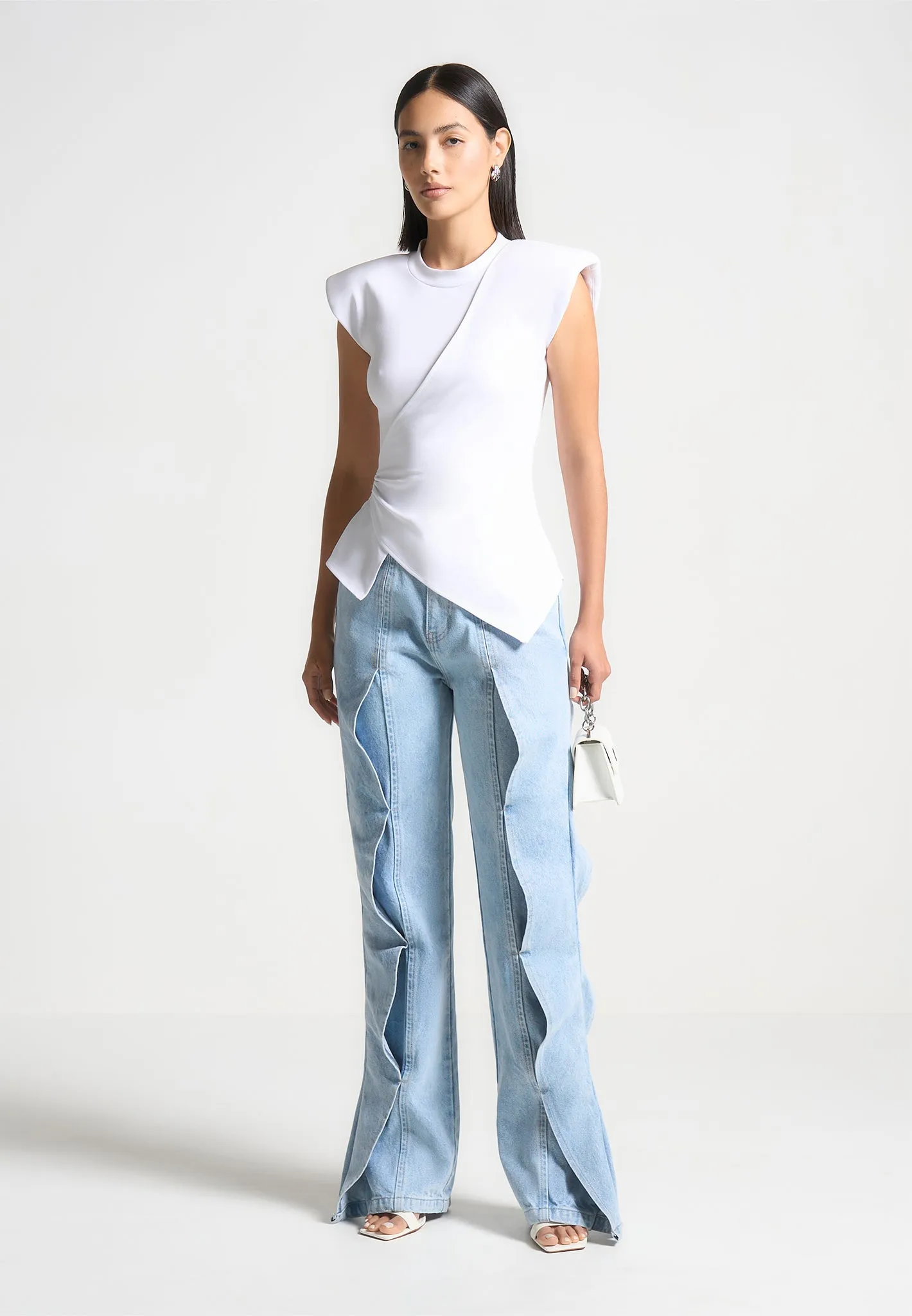Wide Shoulder Ruched Waist Top - White sold by Maniere De Voir product image thumbnail 2
