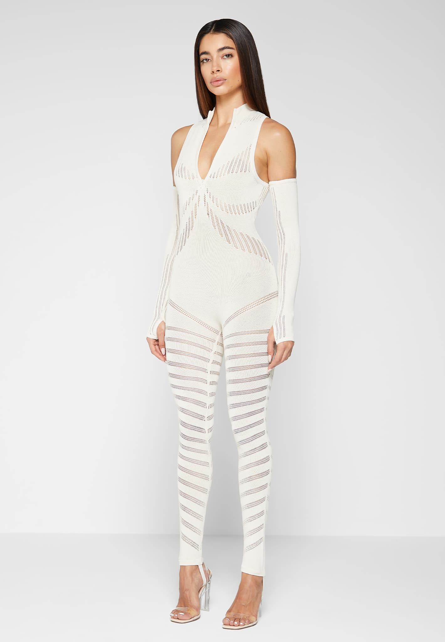 Knitted Contour Jumpsuit with Sleeves - Cream sold by Maniere De Voir product image thumbnail 3