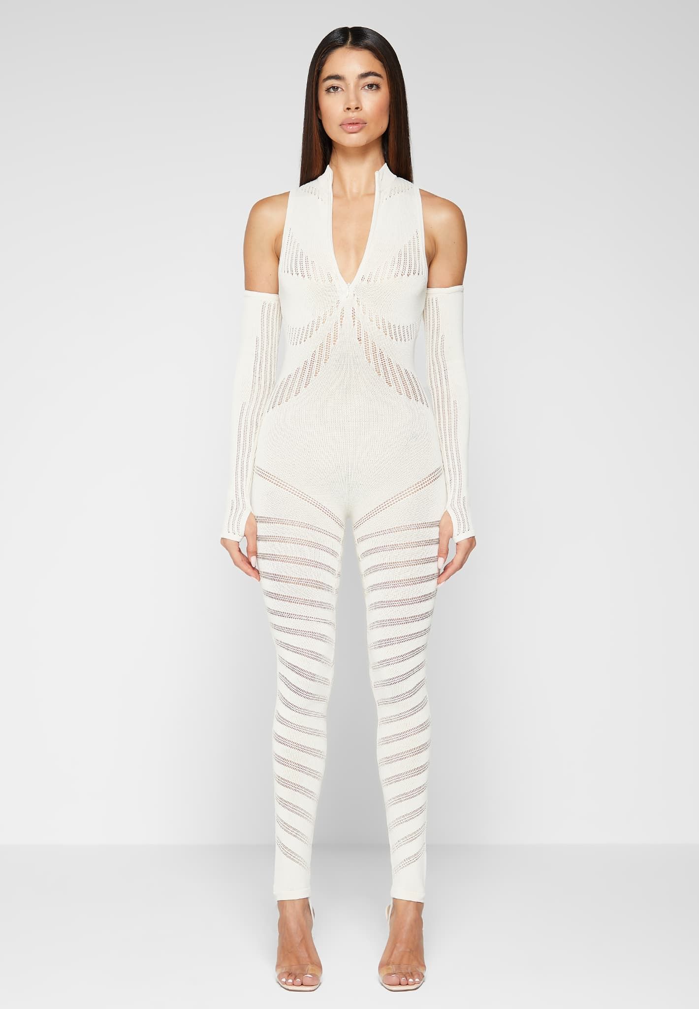 Knitted Contour Jumpsuit with Sleeves - Cream sold by Maniere De Voir