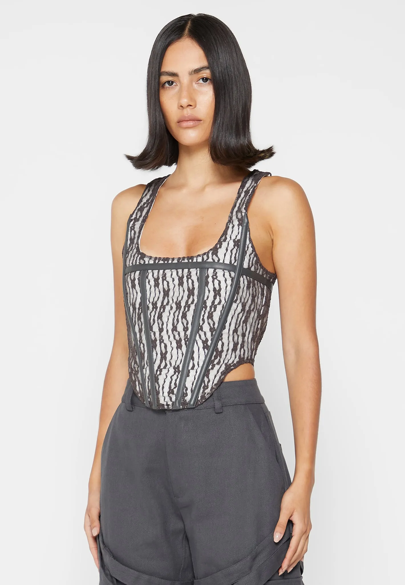 Lace with Leather Corset Top - Grey sold by Maniere De Voir product image thumbnail 4